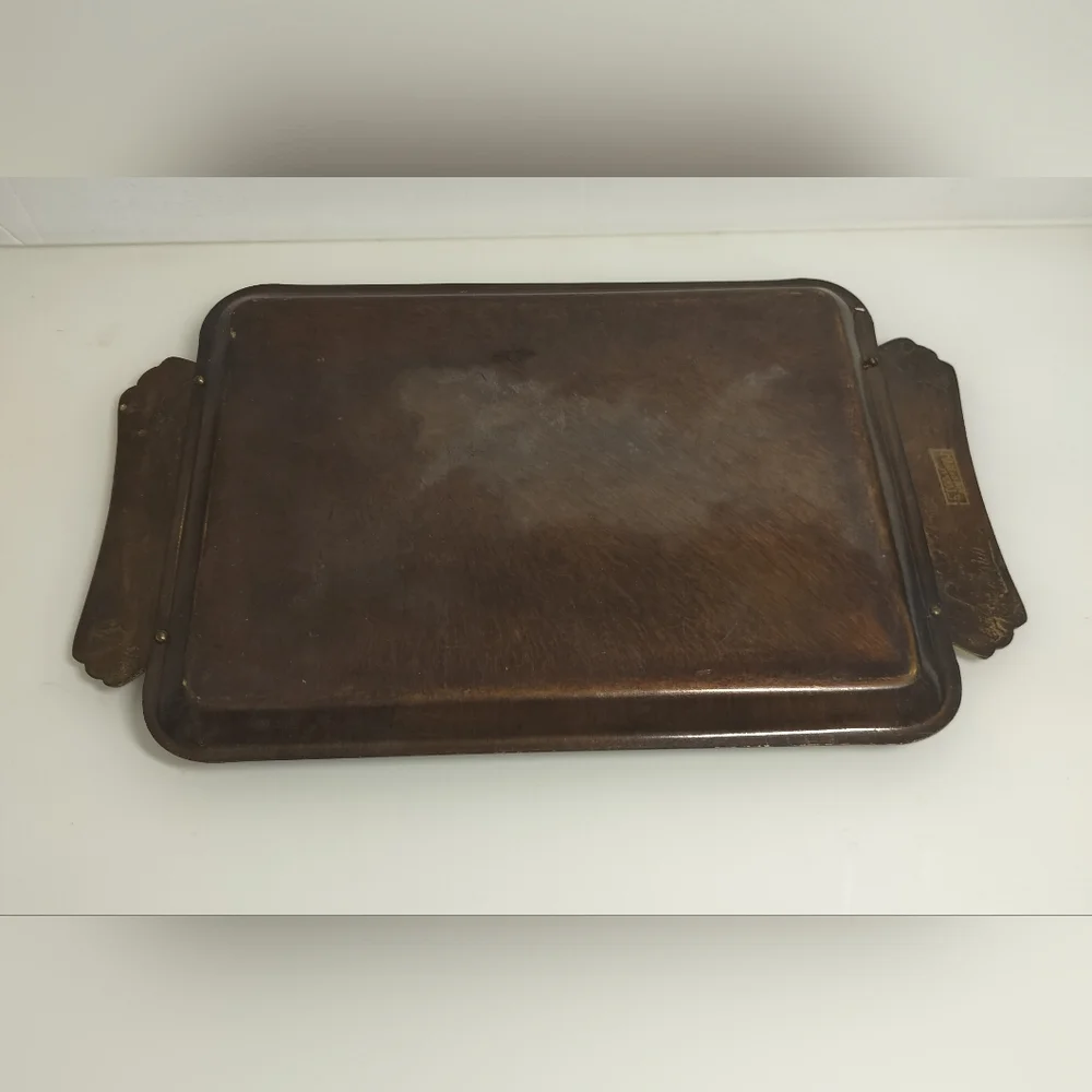 VINTAGE ENAMEL ON BRASS BLUE SERVING TRAY W/HANDLES MADE IN ISREAL 16